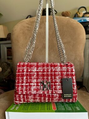 Badgley Mischka Red and White Tweed Shoulder Bag with Silver Chain  New with Tag